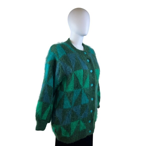 Vitage Mohair Green Geometric Mohair Blend Button-Up Cardigan Sweater Women’s - Picture 2 of 11